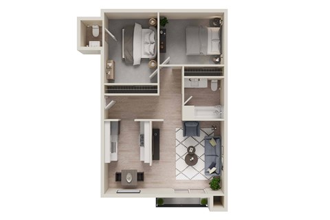 Floor plan for 2 beds, 1.5 baths, 859 sqft